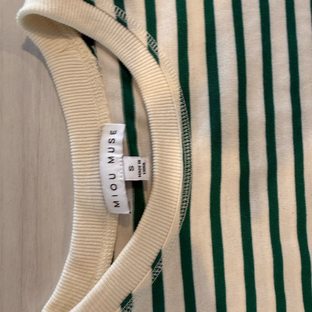 Miou Muse Green and Cream Striped Short Sleeve Tee